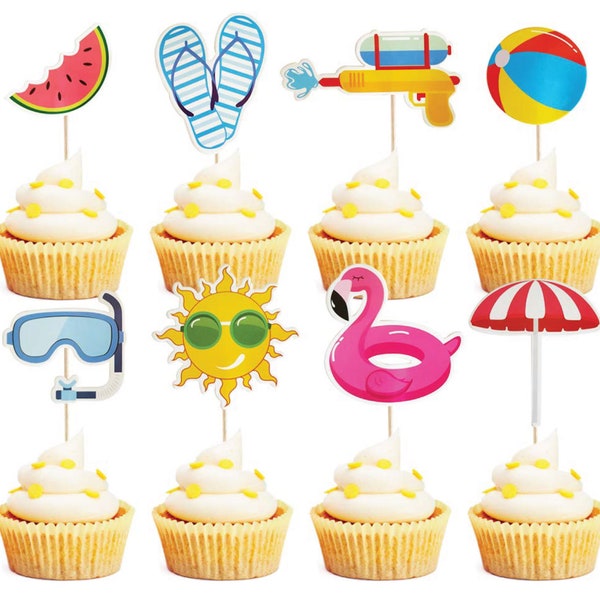 Pool Party Cupcake Toppers 32pcs, Summer Beach Pool Party Cupcake Toppers, Summer Pool Party Decorations for Kids Summer Swimming Birthday