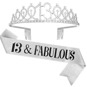 13th Birthday Sash and Tiara for Girls, 13 & Fabulous Birthday Sash Crown 13th Sash and Tiara for Girl, Silver Sash and Tiara, Black Silver