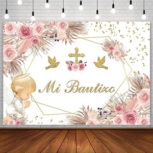 Mi Bautizo Backdrop Gold Bless Spanish Baptism Girl First Holy Communion Angel Pink Floral Gold Corss Background Christening Newborn Decor