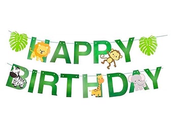 May include: Green and yellow happy birthday banner with jungle animal illustrations. The banner includes a zebra, lion, monkey, giraffe, and elephant.