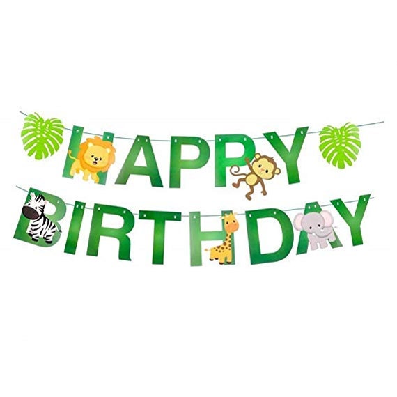 Tropical Leaves and Jungle Safari Animals Happy Birthday Banner Decoration Forest Theme Woodland Birthday Garland for Kids 