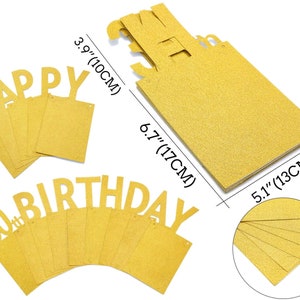 May include: Gold glitter banner with the words "HAPPY 30TH BIRTHDAY". The banner is made of individual pieces that can be strung together. The banner is 3.9 inches tall and 5.1 inches wide.