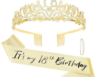 18th Birthday Sash and Tiara, 18th Birthday Sash and Crown, 18th Sash and Tiara for Girls, Gold Sash and Tiara, 18th Birthday Gift