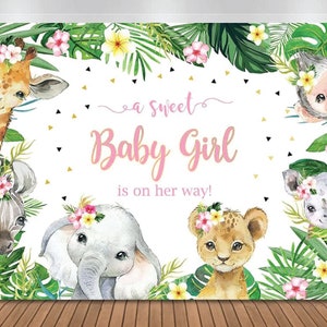 Safari Baby Shower Backdrop Jungle Safari Animals It&#39;s a Girl Banner Vinyl Photo Background Safari Zoo Jungle Animals Baby Shower 7x5ft