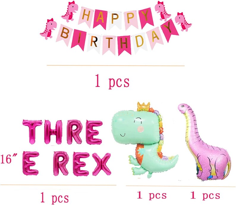 Peut inclure: D&eacute;corations de f&ecirc;te d'anniversaire sur le th&egrave;me des dinosaures roses et verts. Une banni&egrave;re indique "Joyeux anniversaire". Il y a des ballons de dinosaures roses qui &eacute;pellent "Three Rex" et un ballon de 40 cm.