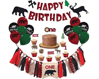 Lumberjack First Birthday Party Decoration, Buffalo Plaid Decor Happy 1st Birthday Banner Camping Wild Bear for Wild One Baby Boy