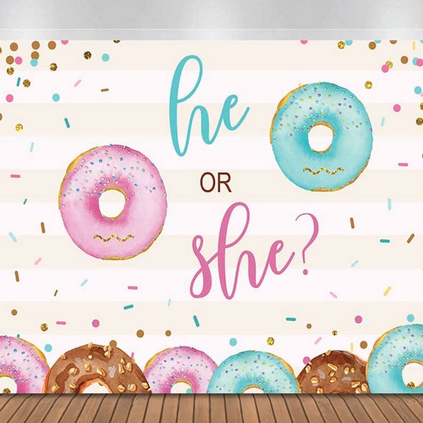 Donut Gender Reveal Backdrop, Donut He or She Backdrop Banner, Pink Blue Donut Sprinkles Confetti Photography Background Sign