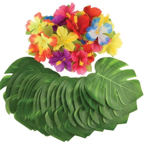 88-Pack Tropical Palm Leaves and Silk Hibiscus Flowers, Summer Luau Party Decorations, Wedding Tropical Themed Decor, Safari Plant Leaves