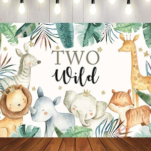 Two Wild Backdrop Boy&#39;s Jungle Safari Animals 2nd Birthday Vinyl Photo Background 7x5ft Gold Two Wild Birthday Banner Backdrops for Boys