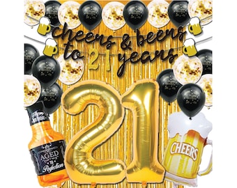 Cheers and Beers to 21 Years Balloons Decorations Black and Gold 21st Birthday Party Backdrop Banner Number 21 Balloon Beer Foil Balloon