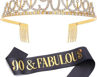 90th Birthday Sash and Tiara for Women, 90 & Fabulous Birthday Sash Crown 90th Sash and Tiara for Women, Black and Gold  Sash and Tiara