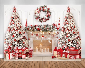 Christmas Fireplace Backdrop, Christmas Red and White Fireplace Family Picture Vinyl Photography Background 7x5ft Xmas Tree White Banner