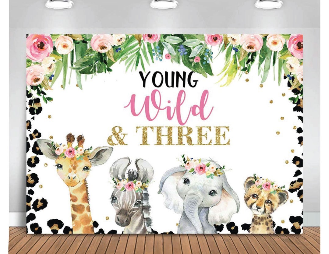Young Wild Three Floral Circle Birthday Backdrop