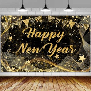 Happy New Year Backdrop, New Year&#39;s Eve Party Decorations, Black and Gold 2025 Backdrop Vinyl Photography Background New Year Party Banner
