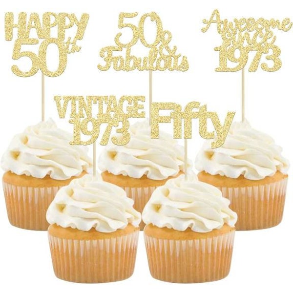 50th Birthday Cupcake Toppers 24 pcs, Gold 50th Birthday Toppers, 50th Party Decorations, Vintage 1973 Awesome Since 1973, 50 and Fabulous