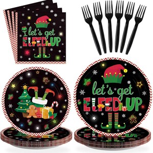 May include: A festive Christmas party set featuring black plates and napkins with a red and white border. The plates and napkins have the text "let's get ELFED UP" with elf-themed graphics. Includes black plastic forks.