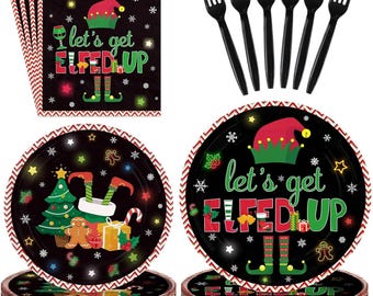 May include: A festive Christmas party set featuring black plates and napkins with a red and white border. The plates and napkins have the text "let's get ELFED UP" with elf-themed graphics. Includes black plastic forks.