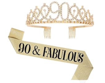 90th Birthday Sash and Tiara for Women, 90 & Fabulous Birthday Sash Crown 90th Sash and Tiara for Women, Gold Sash and Tiara, Black and Gold