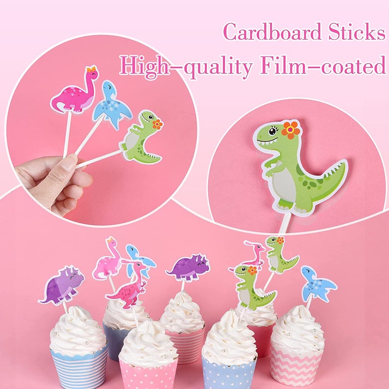 Dinosaur Cupcake Toppers 35pcs Girl's Pink Dinosaur Etsy