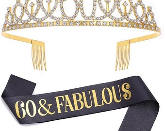 60th Sash & Rhinestone Tiara Set, 60th Birthday Sash and gold crown, Black and Gold Glitter 60th Birthday Sash, Sixty and fabulous Sash