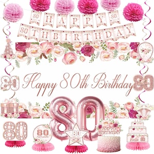 May include: A collection of rose gold and pink party decorations for an 80th birthday celebration. Includes a banner that reads "Happy 80th Birthday", floral garlands, paper pom-poms, balloons, and a cake. The decorations have a floral theme.