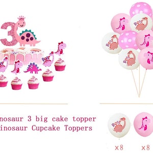 Peut inclure: D&eacute;corations de f&ecirc;te sur le th&egrave;me des dinosaures roses et blanches. Un grand topper de g&acirc;teau avec un dinosaure rose et le chiffre 3. 24 toppers de cupcakes avec des dinosaures roses. 8 ballons roses &agrave; pois blancs, 8 ballons blancs avec des dinosaures roses et 8 ballons roses avec des dinosaures roses.