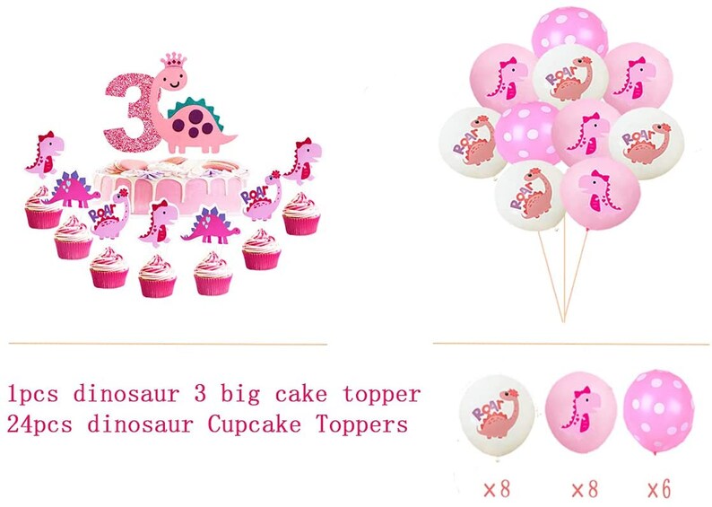 Peut inclure: D&eacute;corations de f&ecirc;te sur le th&egrave;me des dinosaures roses et blanches. Un grand topper de g&acirc;teau avec un dinosaure rose et le chiffre 3. 24 toppers de cupcakes avec des dinosaures roses. 8 ballons roses &agrave; pois blancs, 8 ballons blancs avec des dinosaures roses et 8 ballons roses avec des dinosaures roses.