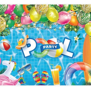 Pool Party Backdrop, Summer Beach Pool Party Decorations, Summer Pool Party Banner for Kids Summer Swimming Birthday Photo Booth Props 7x5ft