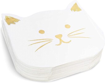 Cat Napkins 50PCS, White and Gold Cat Paper Napkins For Birthday Baby Shower, Smiling Kitty Cat Birthday Decorations, Cat Shaped Napkins