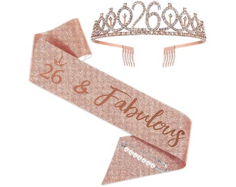 26th Birthday Sash and Tiara for Girls, 26 & Fabulous Birthday Sash Crown 26th Sash and Tiara for Girls, Rose Gold Sash and Tiara