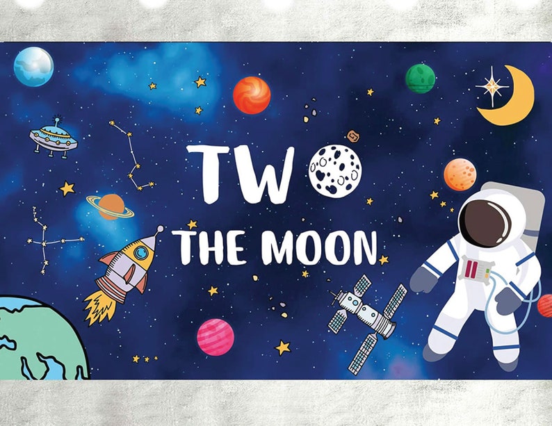 Two The Moon Birthday Backdrop Outer Space Boy Girl 2nd Birthday Banner Night Sky Gold Hanging Stars Planet Galaxy Photo