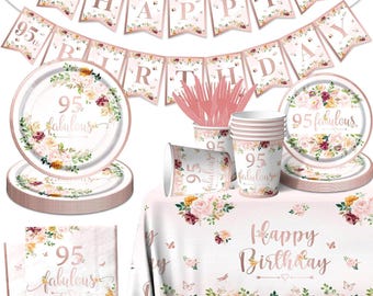 Floral 95th Birthday Plates, Napkins, Cups, Tablecloth Disposable Tableware Serves 20, Women Rose Gold 95 and Fabulous Birthday Dinnerware