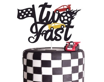 Two Fast Cake Topper, Racing Car Happy Birthday Cake Decorations, Boys 2nd Birthday Race Cars Party Supplies, Chequered Flag Themed