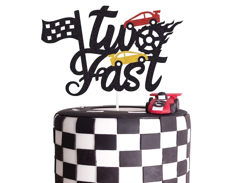 Two Fast Cake Topper Racing Car Happy Birthday Cake Decorations Boys 2nd Birthday Race Cars Party Supplies Chequered Flag