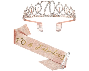 70th Sash & Rhinestone Tiara Set, 70th Birthday Sash and Rose gold crown, Rose Gold Glitter 70th Birthday Sash, 70 and fabulous Sash