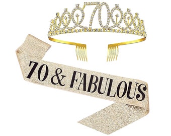 70th Birthday Sash and Tiara for Women, 70 & Fabulous Birthday Sash Crown 70th Sash and Tiara for Women, Gold Sash and Tiara, Black and Gold