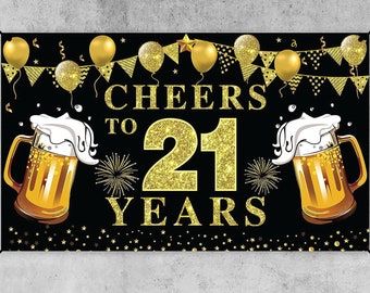21st Birthday Banner Backdrop Cheers to 21 Years Photo Background Decorations Black and Gold 21st Birthday Party Photography backdrop