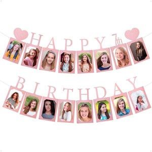 7th Birthday Photo Banner, Girls 7th Birthday Rose Gold Glitter Banner, 7th Party Decorations, 7th Party Supplies, Milestone Photo Banner