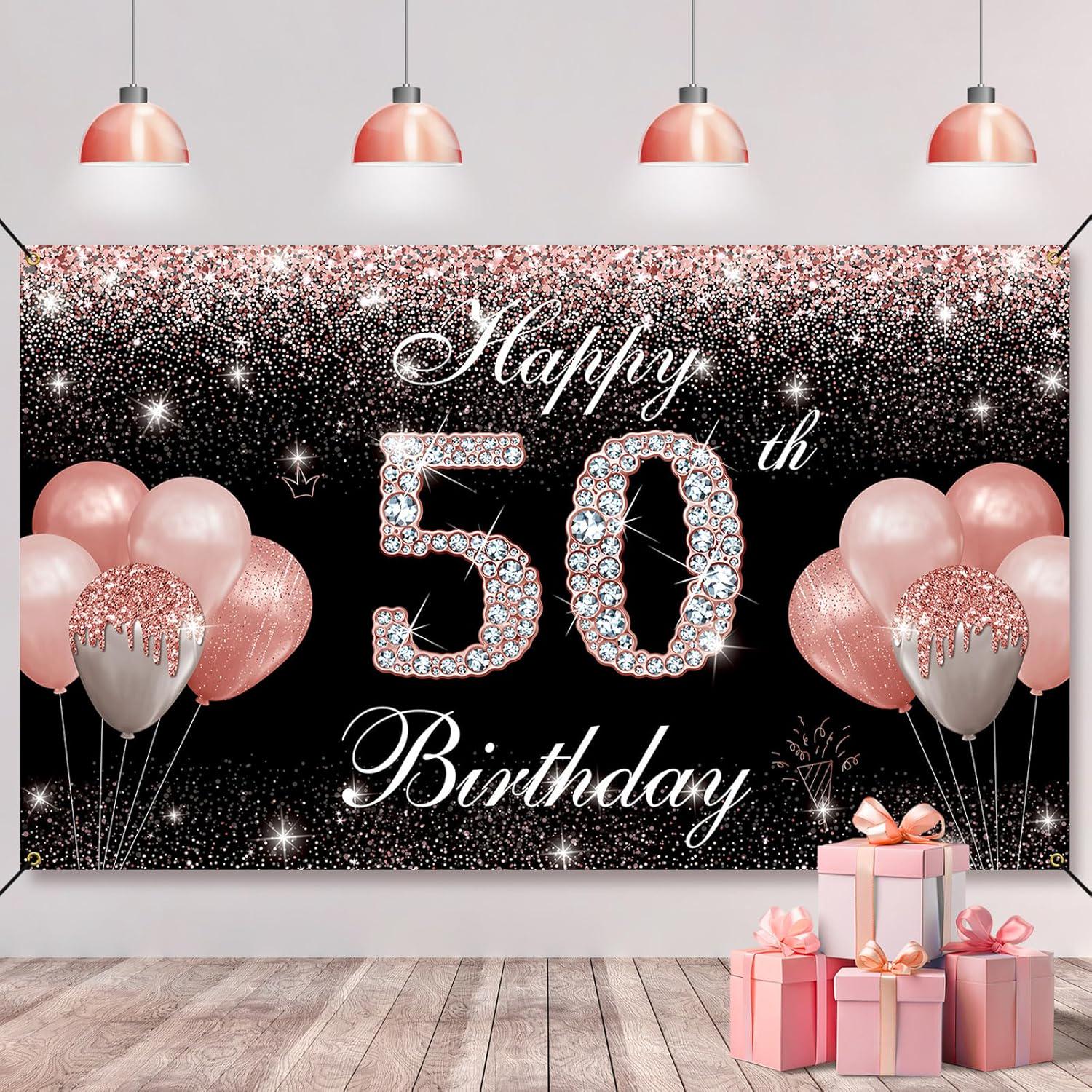 50th Birthday Banner Backdrop Decorations for Women Rose Gold Happy 50 Year Old Birthday Decor Photo Booth Props 50th Party Supplies