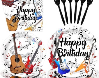 Guitar Birthday Plates, Napkins, Forks Disposable Tableware Serves 24, Guitar Music Karaoke Rock and Roll Themed Birthday Plates Dinnerware