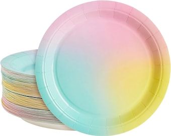 Pastel Rainbow Party Plates 80 Pack, Rainbow Paper Dinner Plates For Birthday Baby Shower, Rainbow Unicorn Multicolor 9" Plates Dinnerware