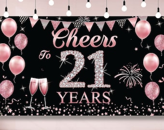 21st Birthday Banner Backdrop Cheers to 21 Years Photo Background Decorations Black Rose Gold Pink 21st Birthday Party Photography backdrop