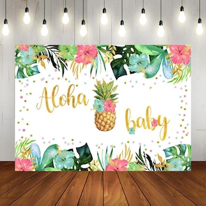Aloha Baby Backdrop, Pineapple Baby Shower Backdrop, Summer Luau Tropical Flowers Hawaiian Beach Vinyl Photography Background 7x5ft