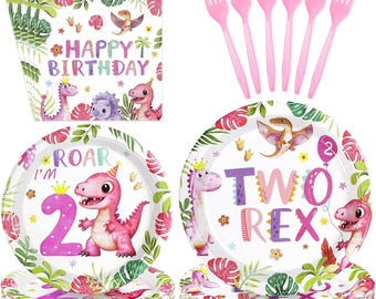 Pink Dinosaur 2nd Birthday Plates, Napkins, Forks Disposable Tableware Serves 24, Girls Two Rex Dino Theme Birthday Plates Dinnerware