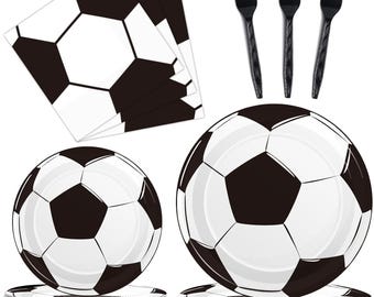 Soccer Party Plates, Napkins, Forks Disposable Tableware Serves 24, Sports Soccer Birthday Dinnerware Soccer Ball Theme Birthday