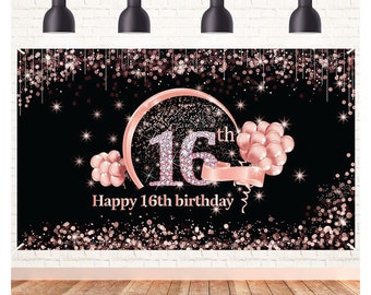 16th Birthday Banner Backdrop Decorations for Girl's Rose Gold Happy 16 Year Old Birthday Decor Photo Booth Props 16th Party Supplies