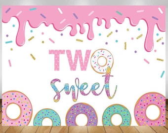 Donut Backdrop, Donut Two Sweet Backdrop Banner, Girl's Second Birthday Donuts Sprinkles Confetti Photography Background Sign, Donut Party