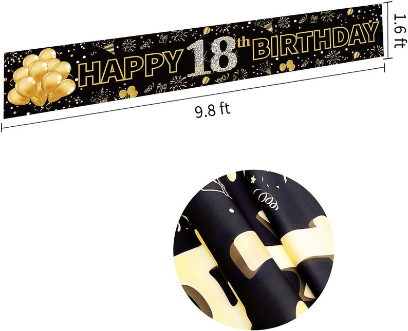 Large 18th Birthday Banner Backdrop Decorations for Girl Boy Black Gold ...
