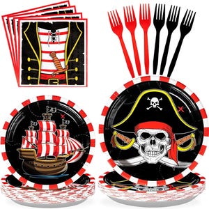 May include: Pirate-themed party supplies, including plates, napkins, and forks. The plates feature a pirate ship and skull design. Napkins have a pirate coat design. Forks are red and black.