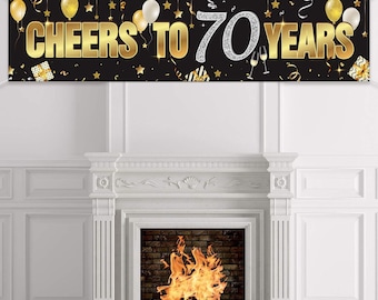 Large Cheers to 70 Years Banner Backdrop Decorations Men Women Black Gold 70 Year Old Birthday Party Outdoor Indoor Banner 70th Birthday